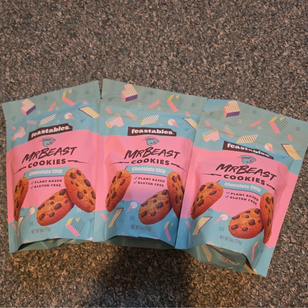 3 Pack RARE Mr Beast Feastables Chocolate Chip Cookie Discontinued Collectable